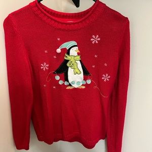 Ladies Christmas sweater penguin print.